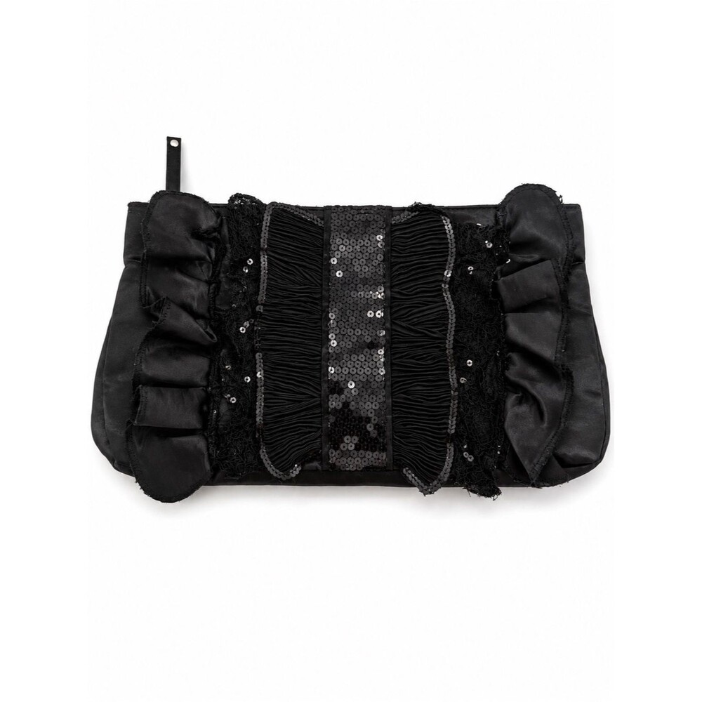 Unbranded Black Satin Clutch Bag Evening Sequin Ruffle Formal Y2k Style